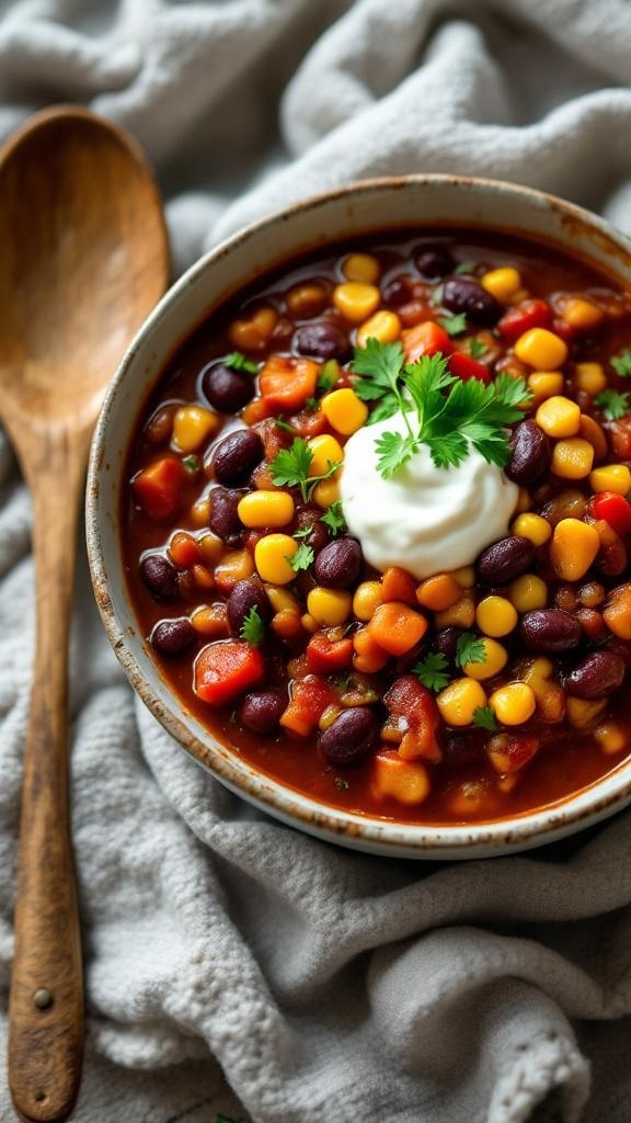 A bowl of hearty vegetable chili topped with sour cream and cilantro, served with a wooden spoon.