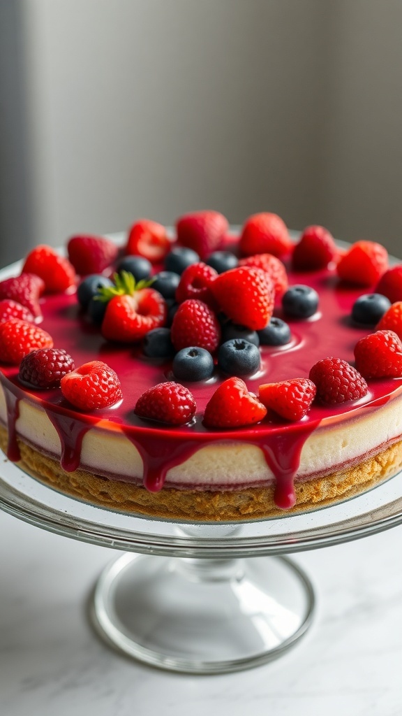 A no-bake cheesecake topped with fresh berries on a glass cake stand.