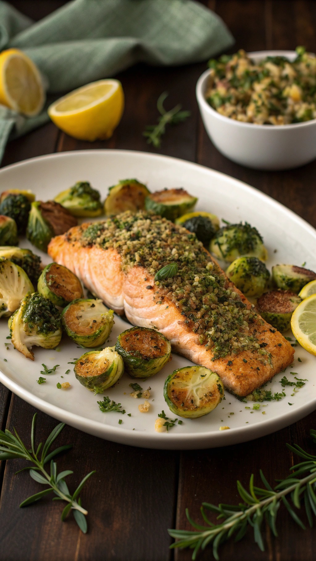 A plate of herb-crusted salmon with roasted Brussels sprouts and lemon slices.