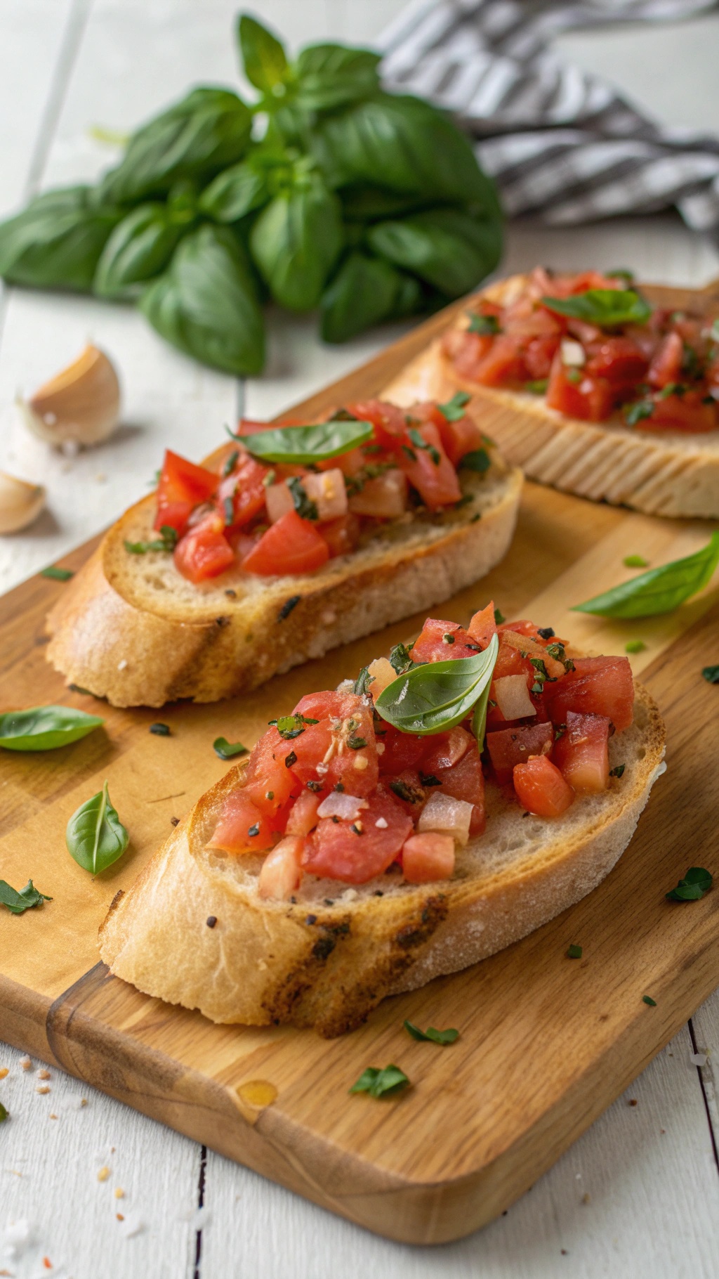 Herb-infused tomato bruschetta on toasted bread with fresh basil and garlic.