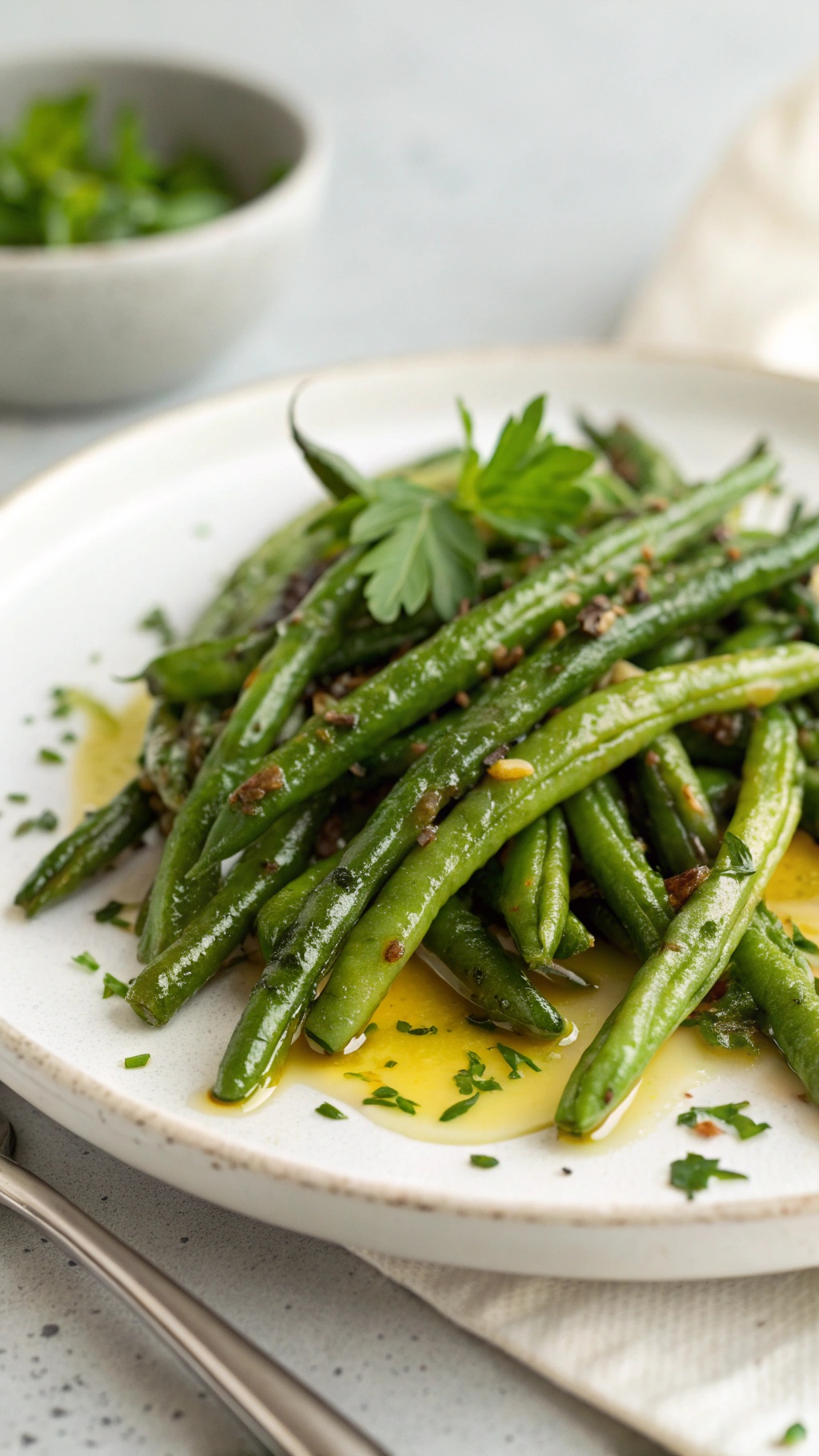 A plate of herbed air fryer green beans garnished with parsley.