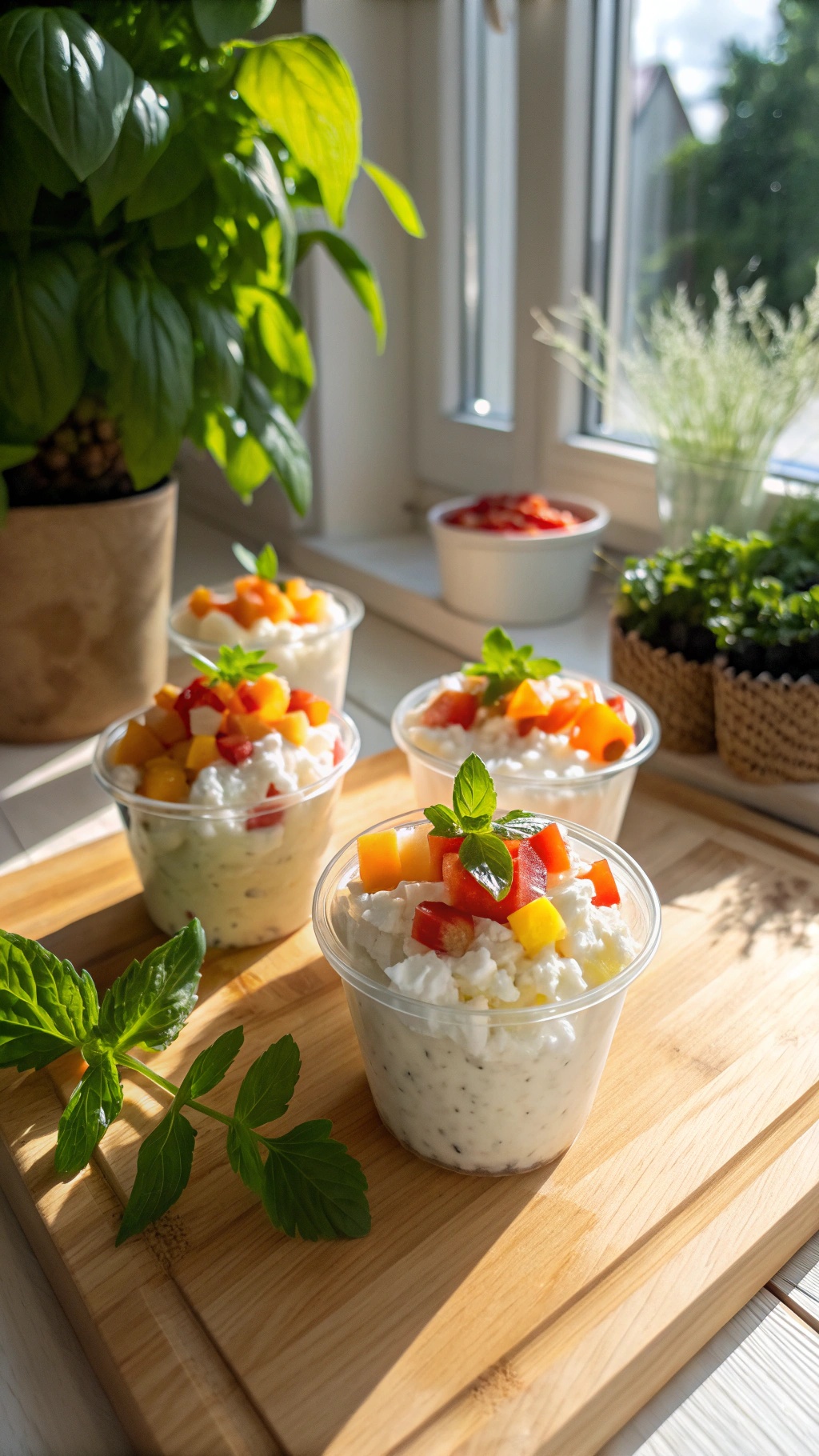 Cups of herbed cottage cheese topped with colorful diced vegetables and garnished with mint leaves.