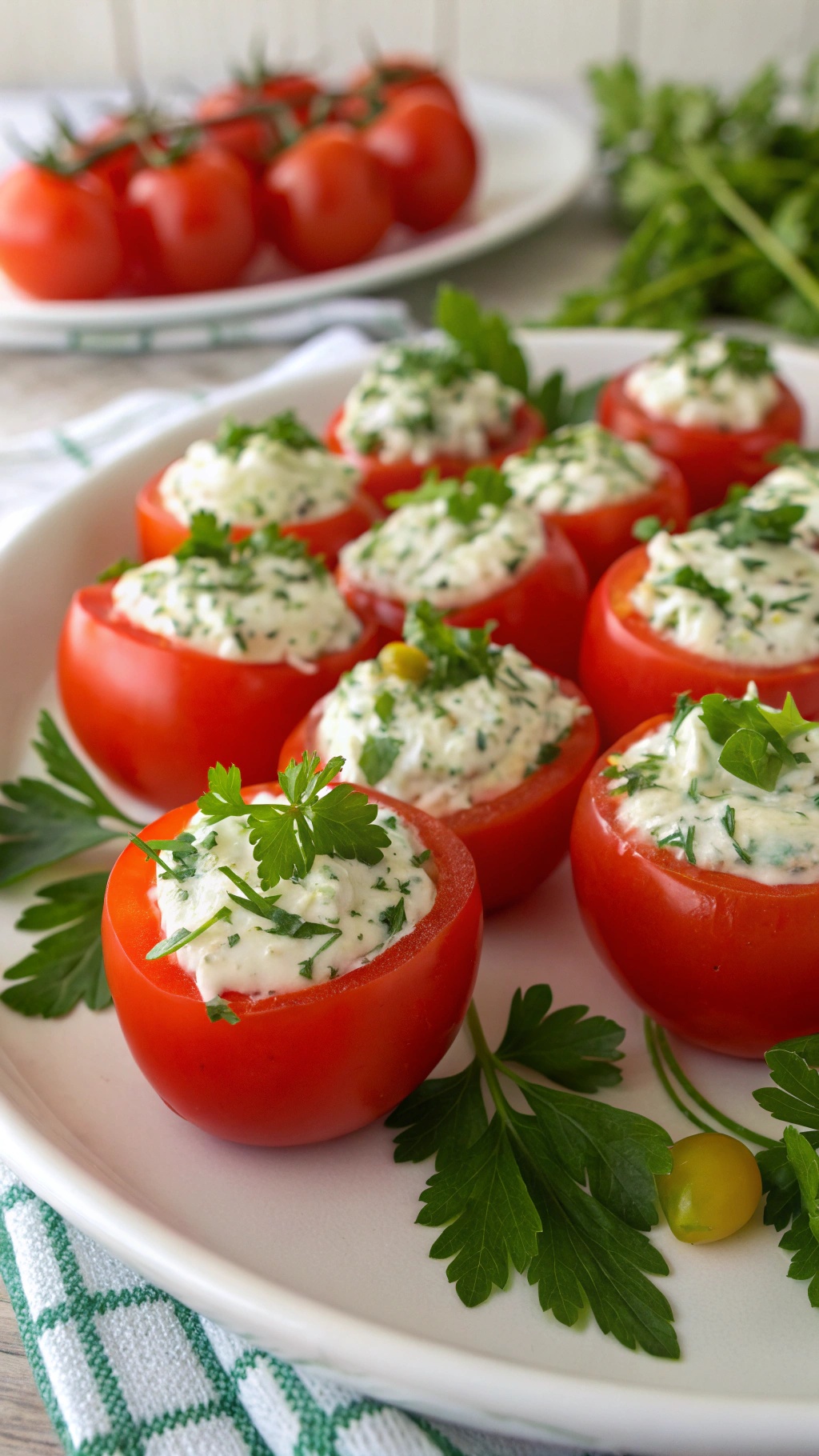 A plate of herbed cream cheese-stuffed cherry tomatoes garnished with fresh herbs.
