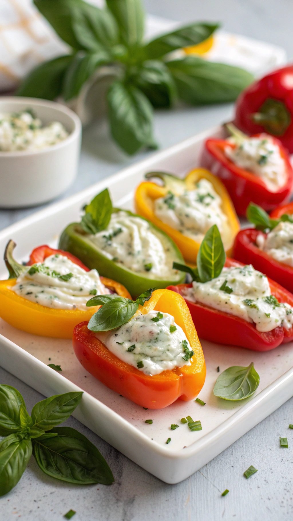 Colorful bell peppers stuffed with herbed cream cheese, garnished with fresh herbs.