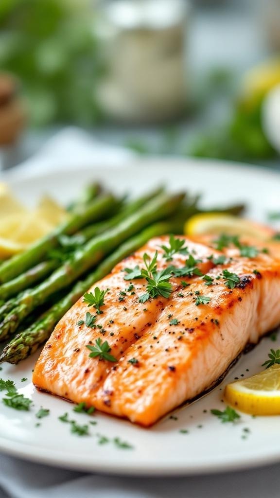 Grilled salmon fillet with asparagus and lemon slices on a plate, garnished with fresh herbs.