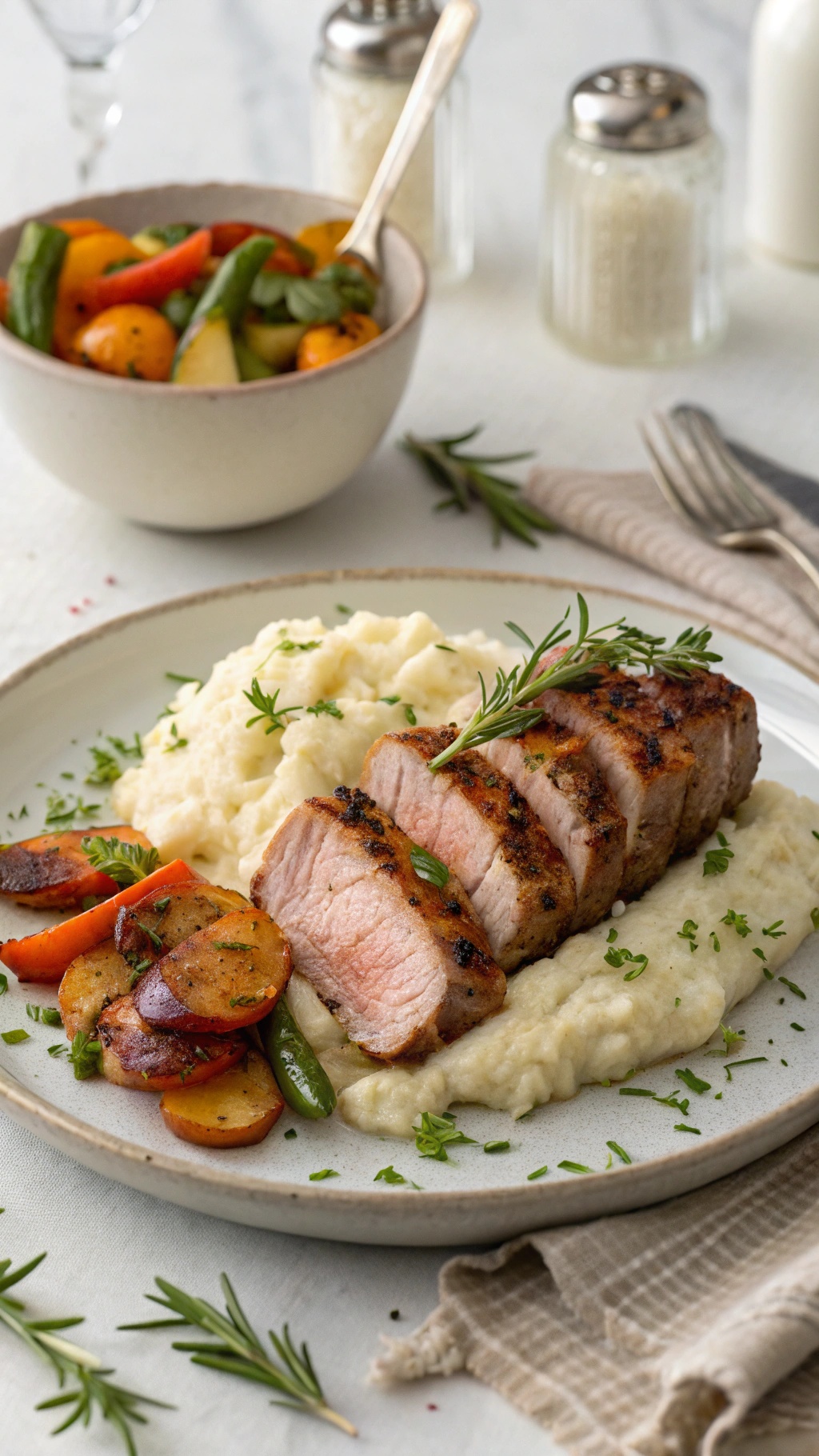 A plate featuring herbed pork tenderloin, creamy cauliflower mash, and colorful roasted vegetables.