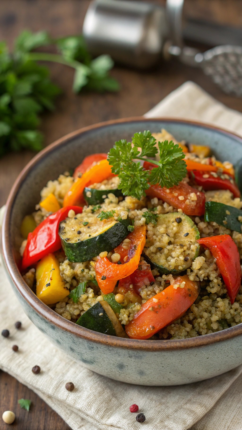 A bowl of herbed quinoa with roasted vegetables, featuring colorful bell peppers and zucchini.