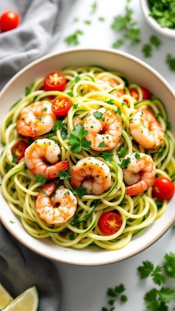 A bowl of herbed shrimp and zucchini noodles topped with cherry tomatoes and cilantro.