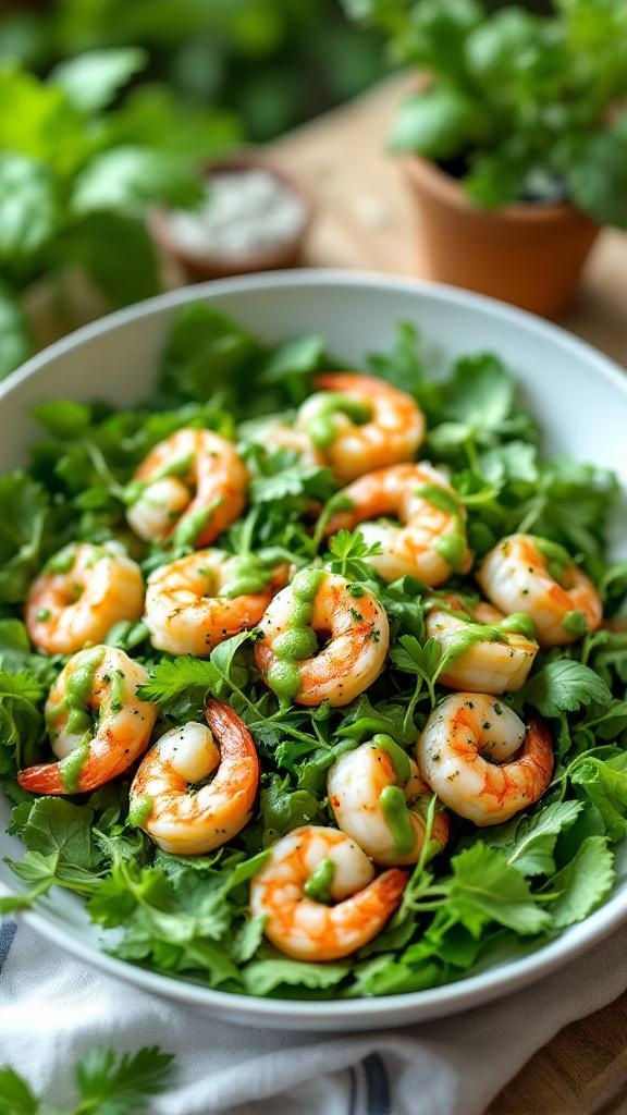 A vibrant herbed shrimp salad with pesto dressing, featuring shrimp on a bed of fresh greens.