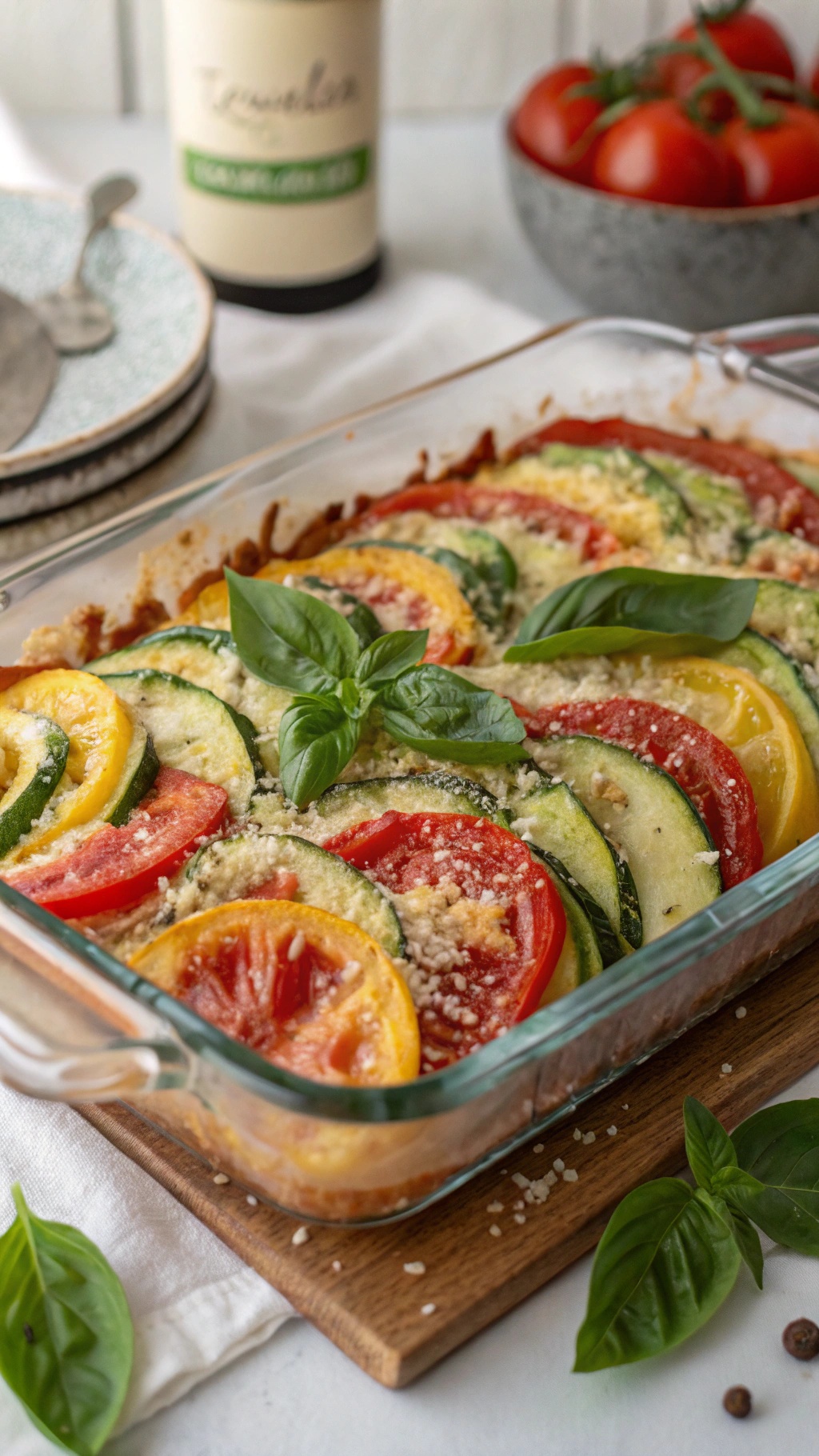 A delicious herbed zucchini and tomato bake with layers of zucchini, tomatoes, and yellow squash topped with cheese and fresh basil.