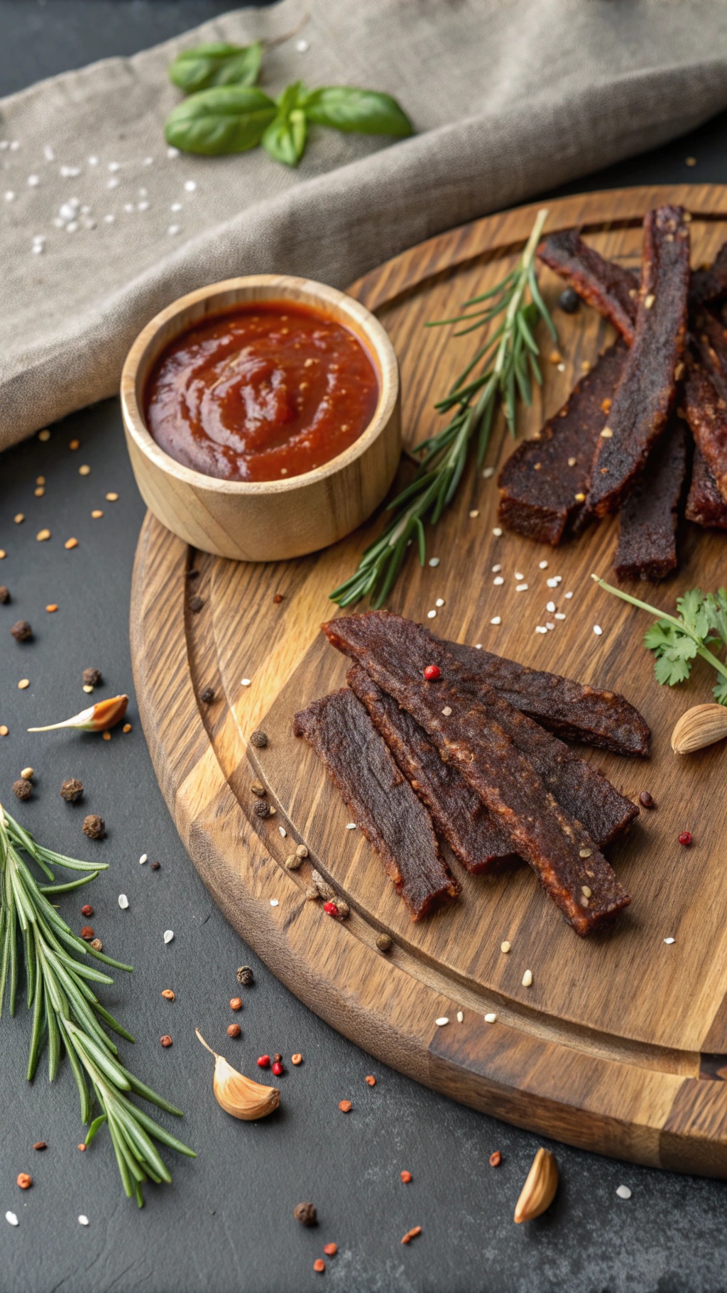 Homemade beef jerky on a wooden platter with dipping sauce and herbs