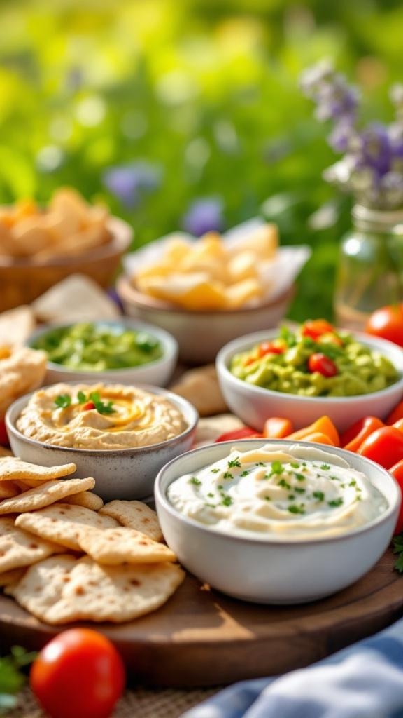 A variety of homemade dips including hummus, guacamole, and a creamy dip, served with crackers and fresh vegetables.