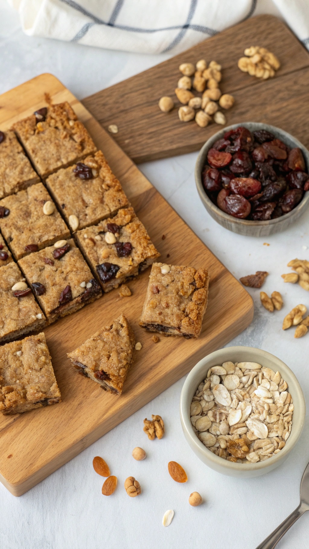 Homemade granola bars cut into squares, surrounded by nuts and dried fruits.