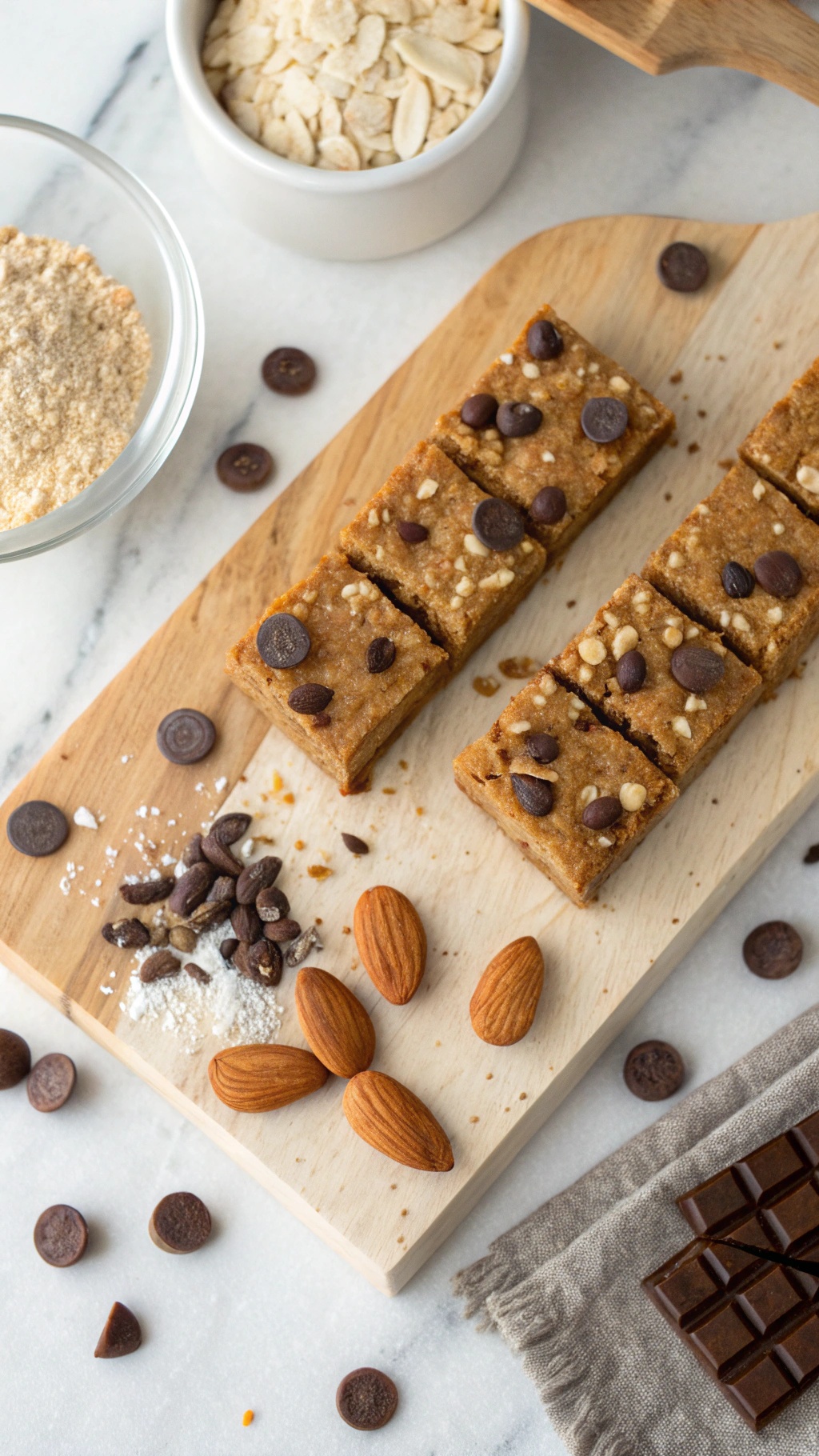 Homemade protein bars with chocolate chips and almonds on a wooden board