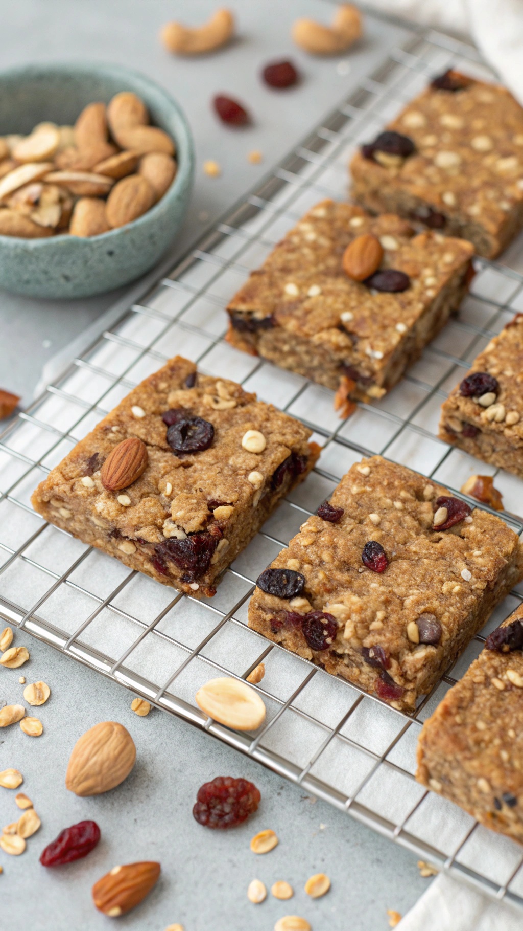 Homemade protein bars with nuts and dried fruits on a cooling rack, surrounded by whole nuts.