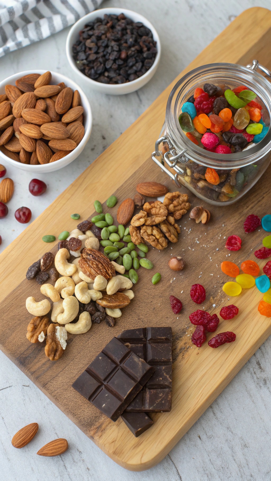 A colorful assortment of homemade trail mix ingredients including nuts, dried fruits, and chocolate.