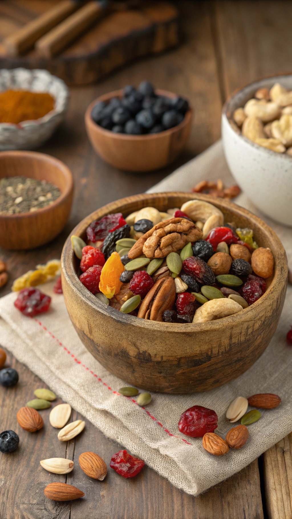 A wooden bowl filled with a colorful mix of nuts and dried fruits, including almonds, walnuts, pumpkin seeds, and dried cranberries.