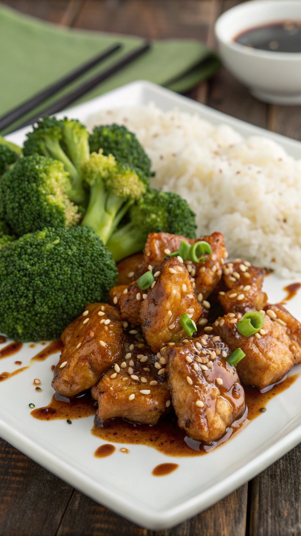 A plate of honey garlic chicken with broccoli and rice, garnished with sesame seeds and green onions.