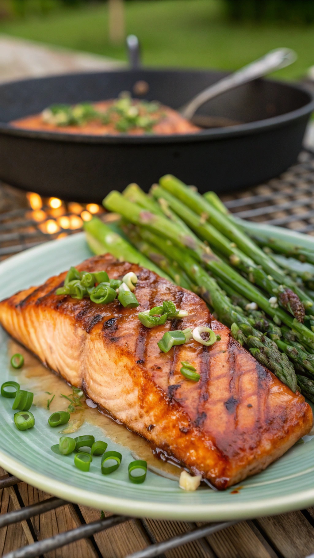 Grilled salmon fillet with green onions and asparagus on a plate