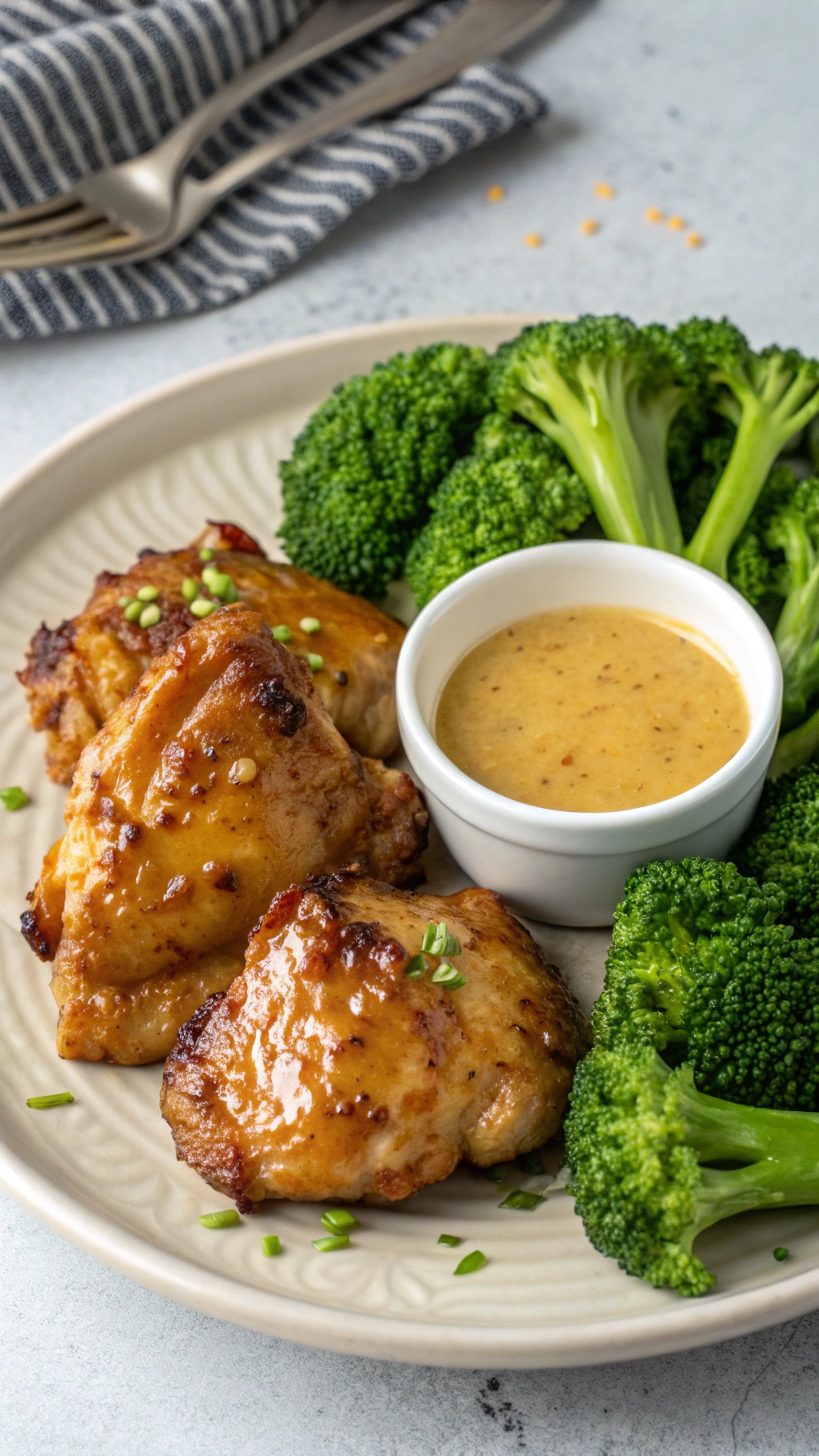 Honey mustard chicken thighs served with broccoli and a side of honey mustard sauce