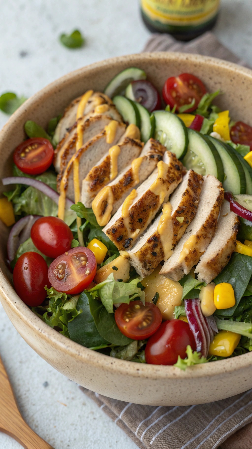 A colorful bowl of honey mustard grilled chicken salad with sliced chicken, cherry tomatoes, cucumbers, and greens.