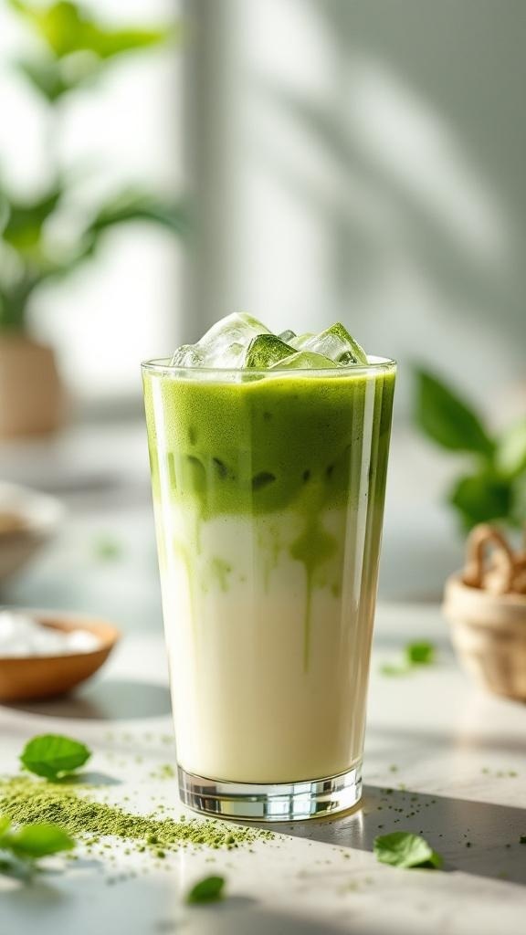 A refreshing iced matcha latte in a tall glass with ice and a creamy layer.