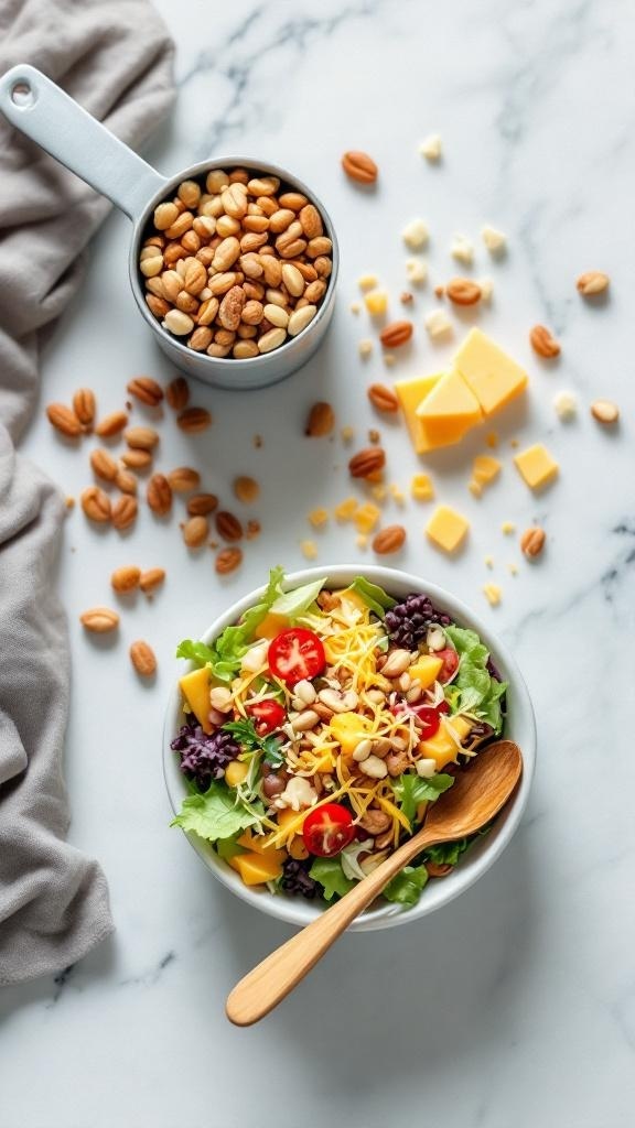 A colorful salad with nuts, cheese, and vegetables on a marble countertop.