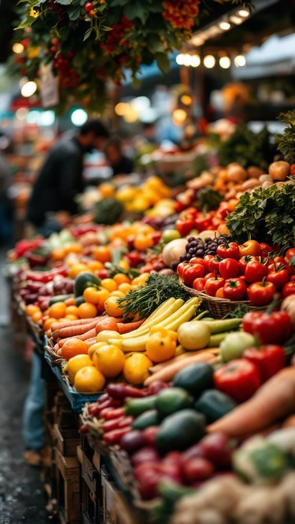 A vibrant display of seasonal produce at a market, showcasing various fruits and vegetables.