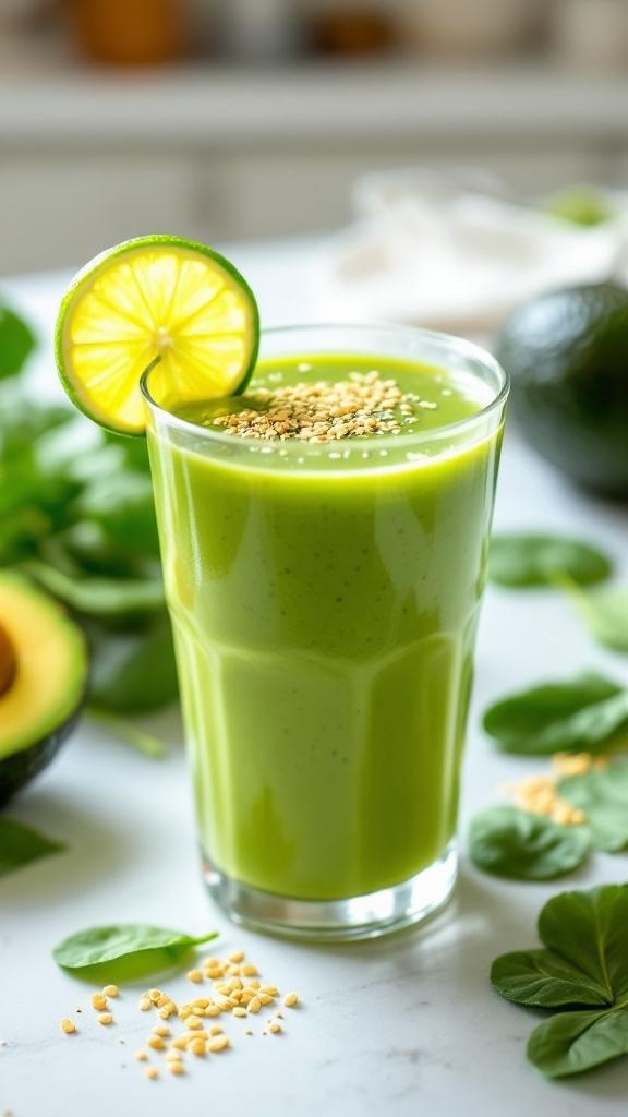 A refreshing green smoothie made with avocado and spinach, garnished with a lime slice.