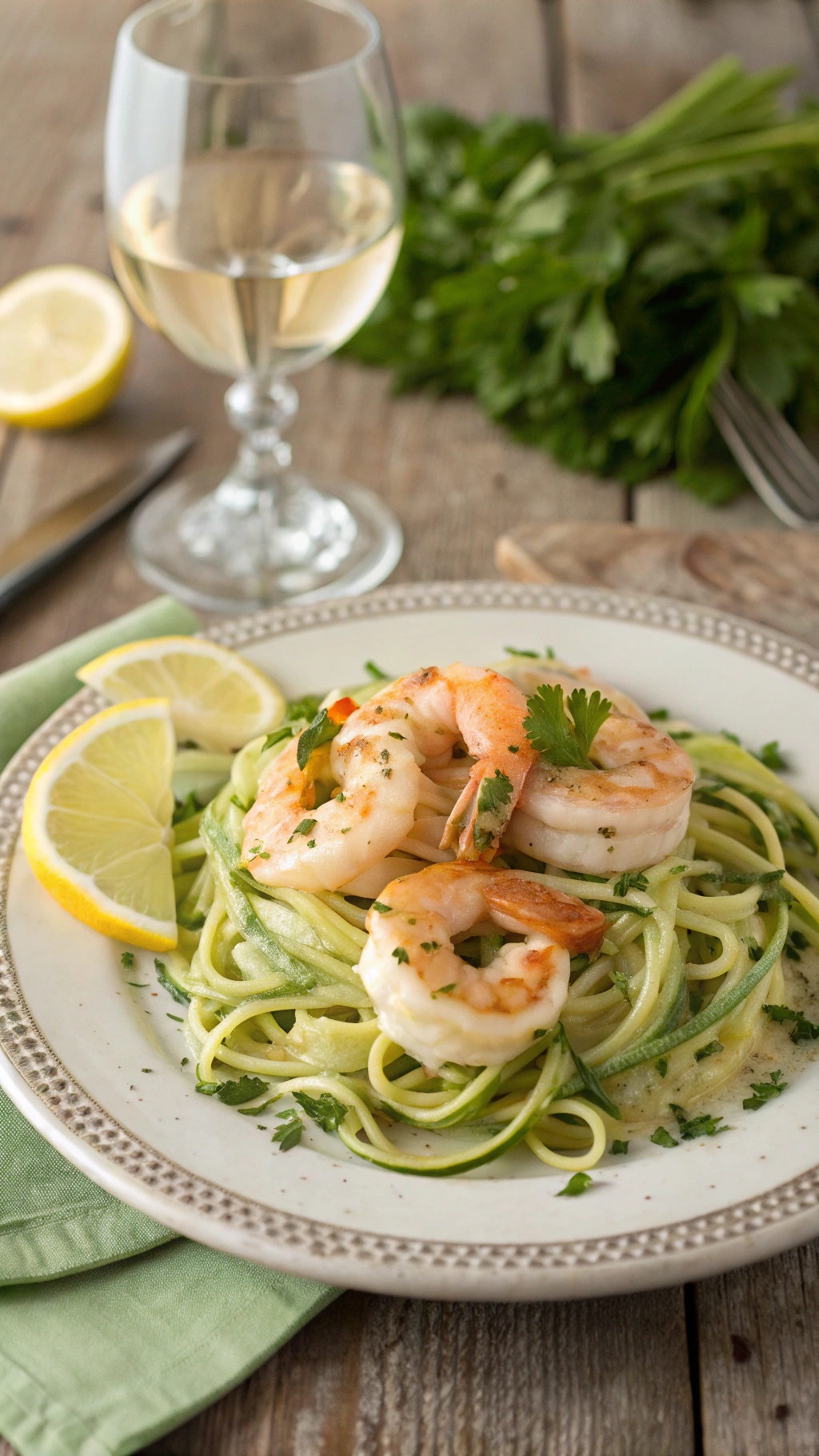 Creamy garlic butter shrimp served over zoodles with lemon slices and a glass of white wine