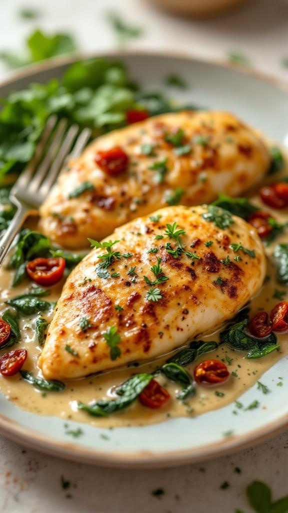 Creamy Tuscan Garlic Chicken served with spinach and sun-dried tomatoes