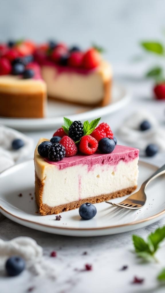 A slice of creamy vegan cheesecake topped with fresh berries on a plate.