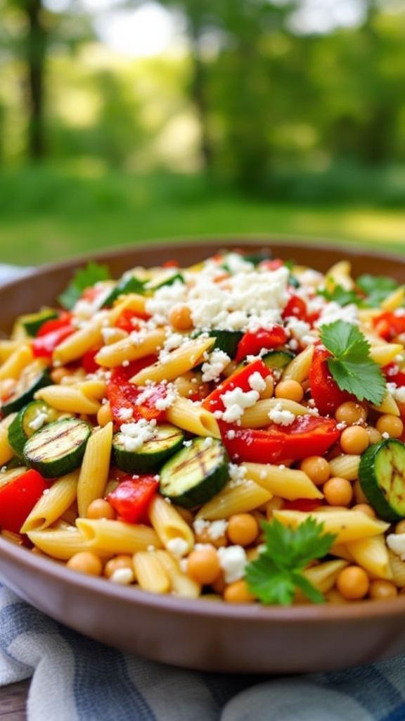 A colorful bowl of grilled vegetable and chickpea pasta salad with feta cheese and fresh herbs.