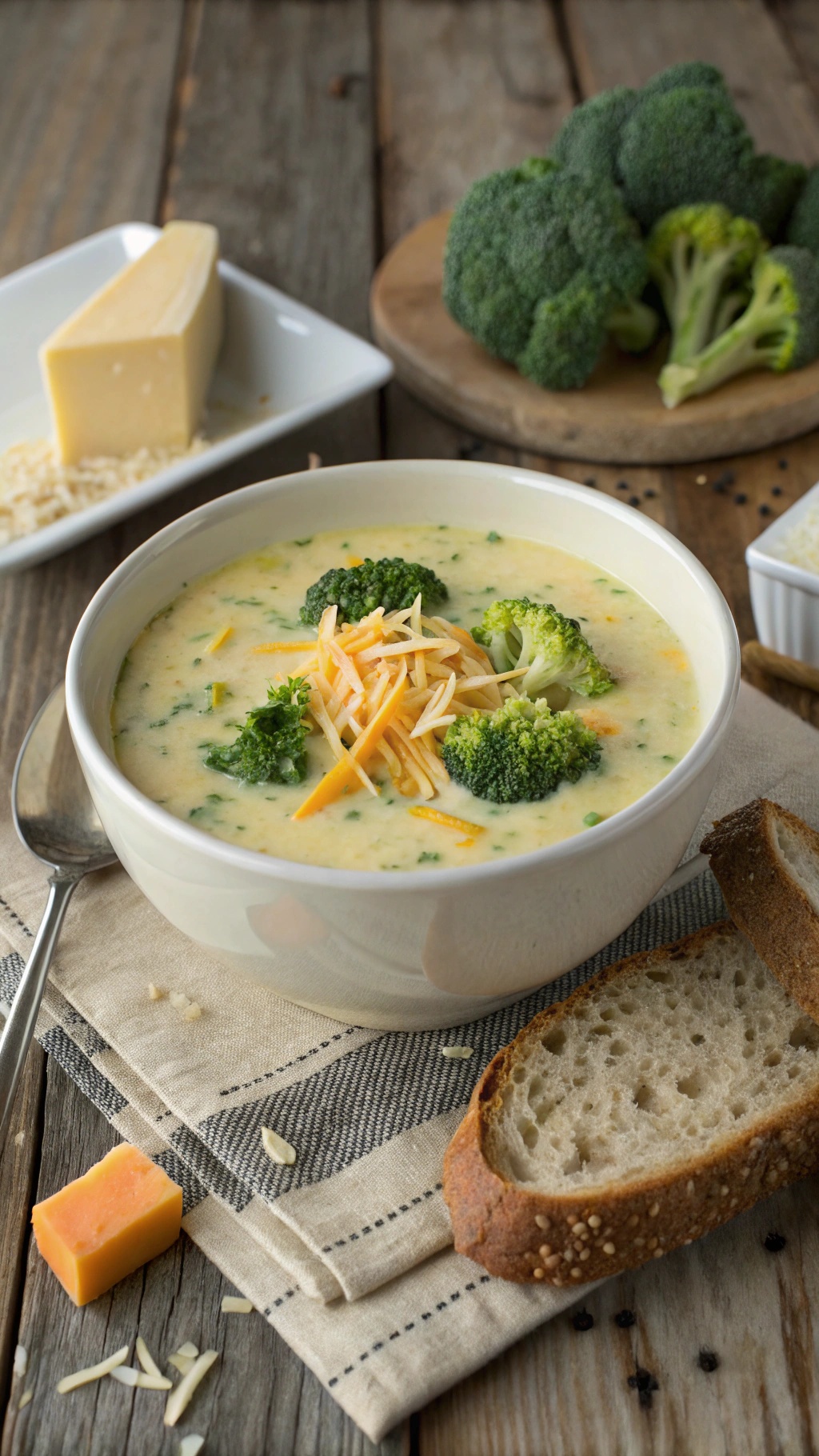 A bowl of broccoli cheddar soup with broccoli florets and cheese on top, accompanied by cheese blocks and a slice of bread.
