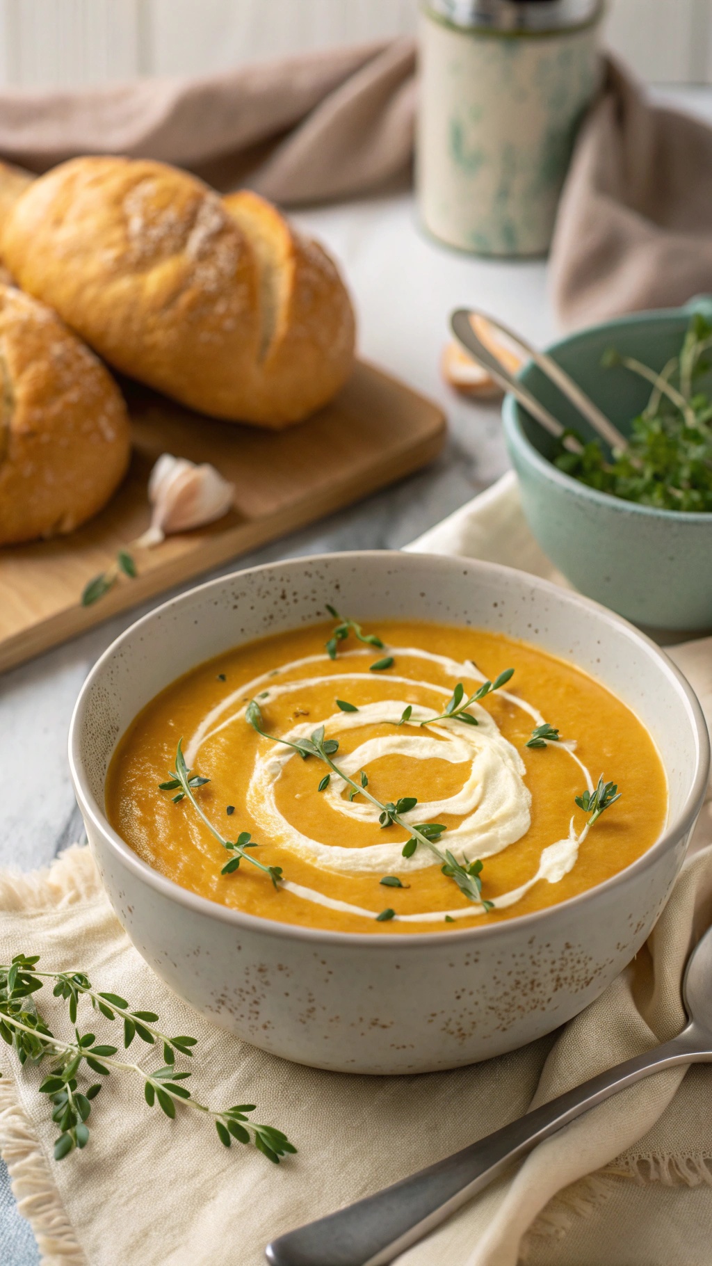 A bowl of creamy butternut squash soup garnished with cream and thyme, alongside crusty bread.