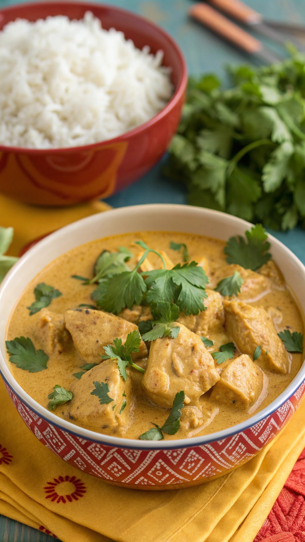 A bowl of creamy coconut curry chicken garnished with cilantro, served with a side of rice.