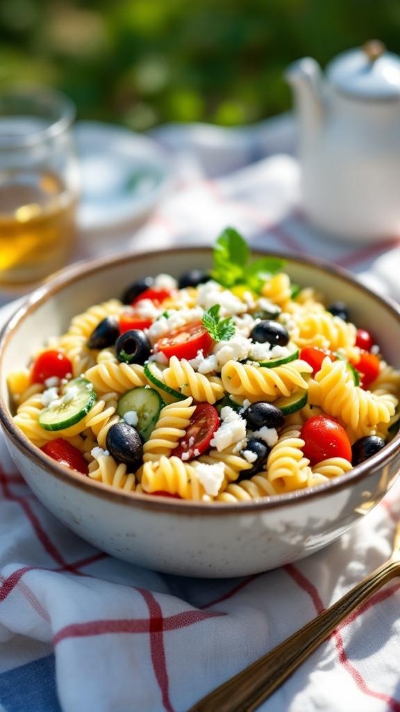 A bowl of creamy Mediterranean pasta salad with feta, cherry tomatoes, cucumbers, and olives.