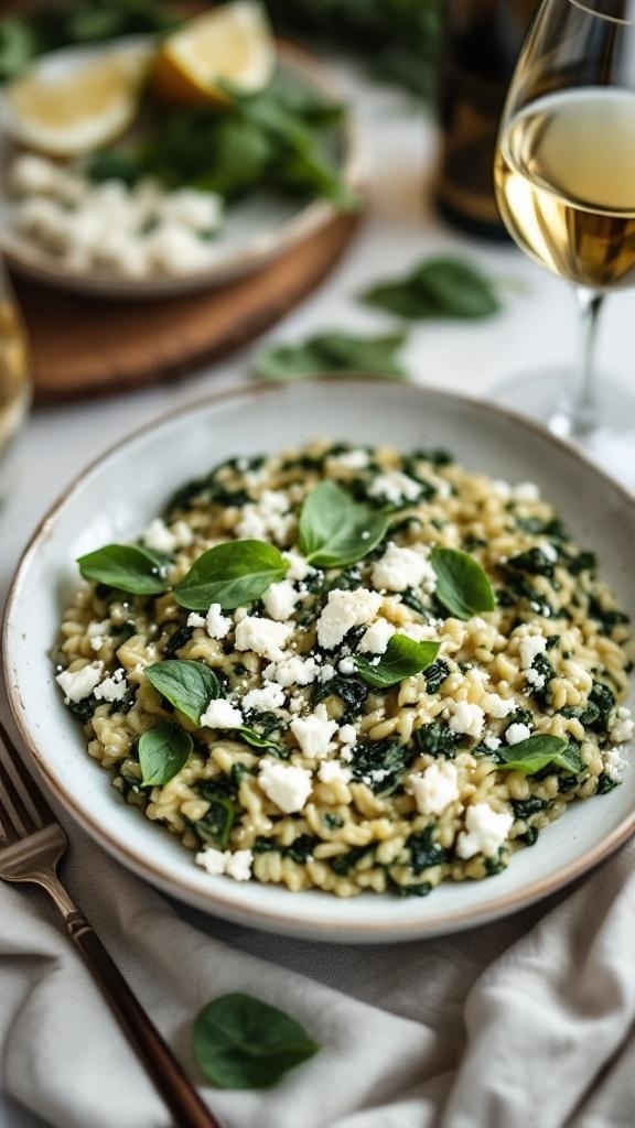 Creamy Mediterranean risotto with spinach and feta served in a bowl, garnished with fresh basil.