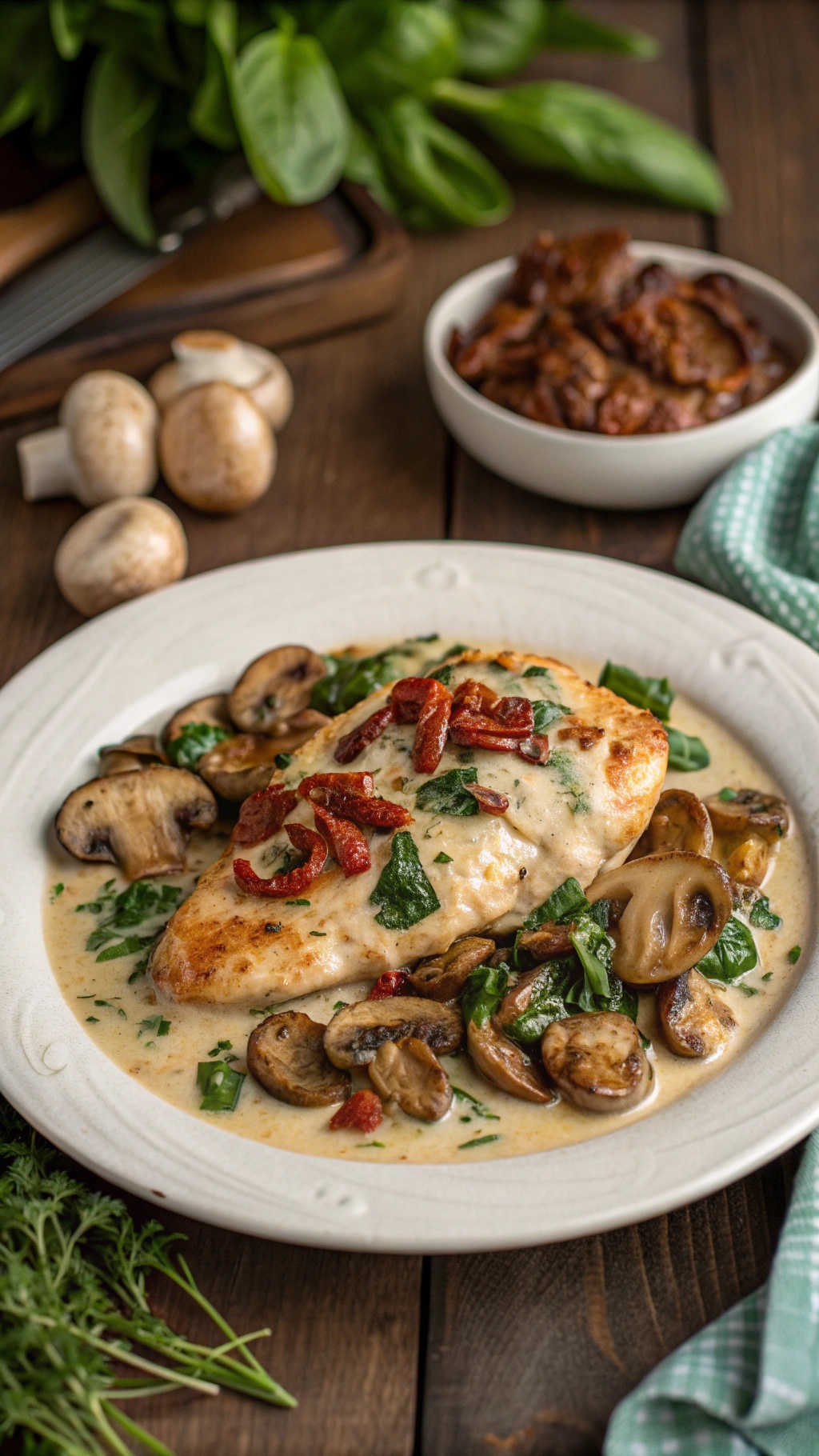 Creamy Tuscan Garlic Chicken with spinach, sun-dried tomatoes, and mushrooms on a plate