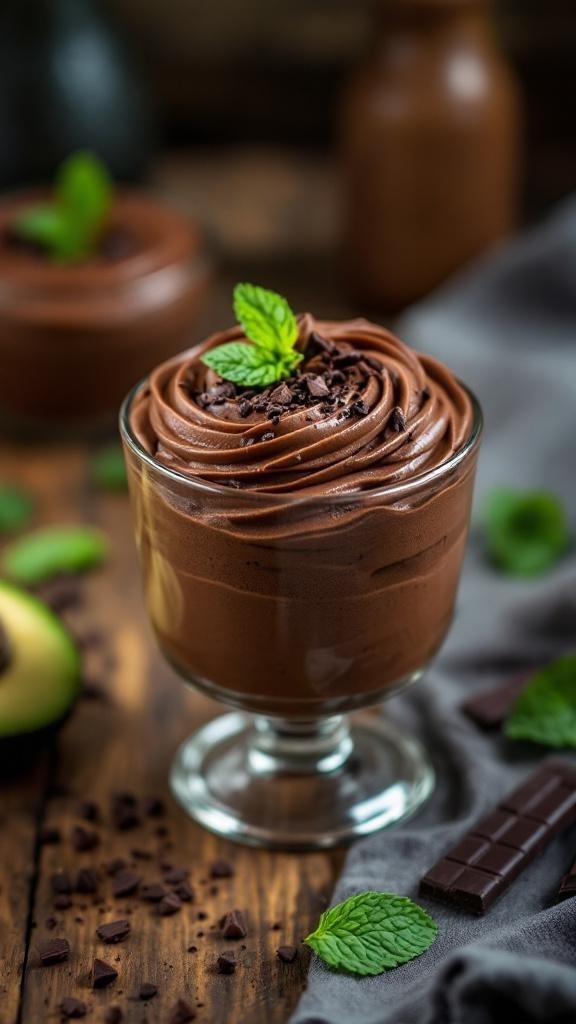 A glass of chocolate avocado mousse topped with mint leaves and chocolate shavings, surrounded by avocado halves and chocolate pieces.