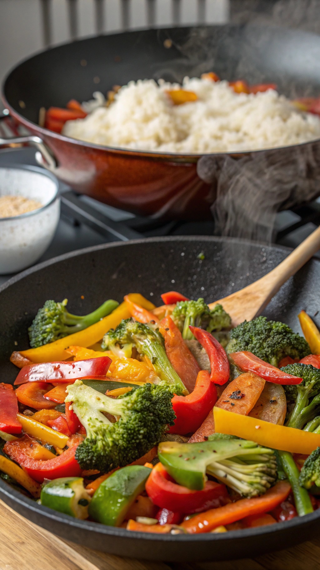 A colorful one-pot spicy vegetable stir-fry with rice in a black pan, featuring bright bell peppers and broccoli.
