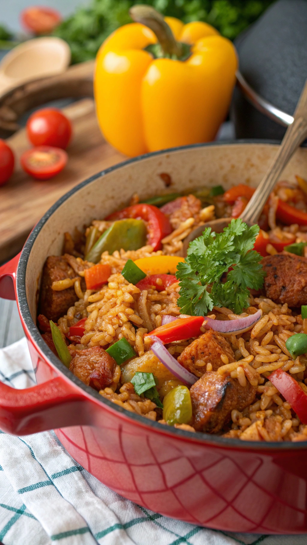 A colorful one-pot vegetable jambalaya with bell peppers and rice in a red pot.