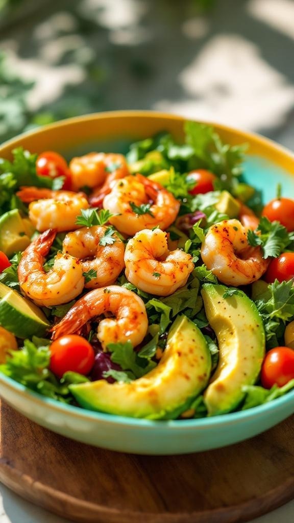 A colorful bowl of spicy shrimp and avocado salad with mixed greens and cherry tomatoes.