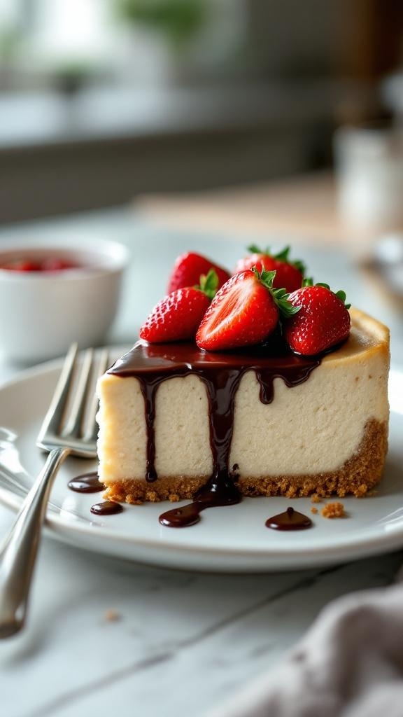 A slice of keto cheesecake topped with strawberries and chocolate sauce on a plate.
