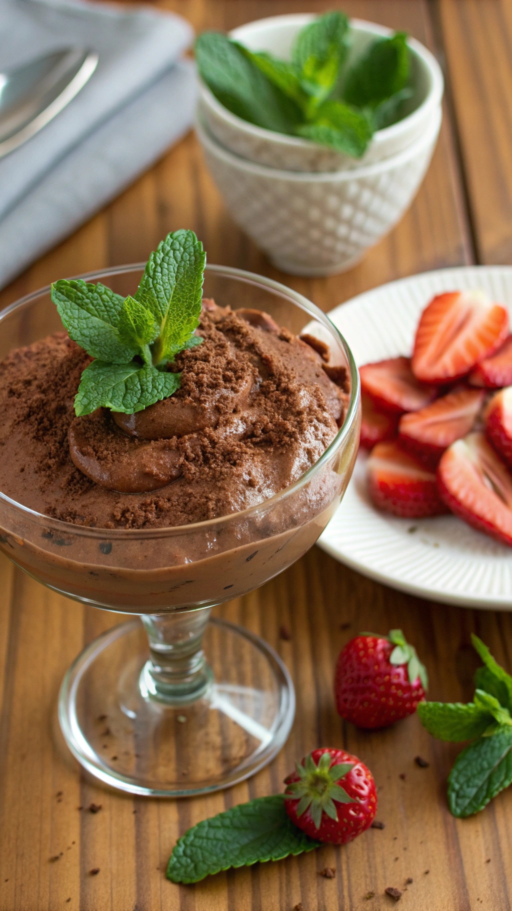 A bowl of chocolate avocado mousse topped with mint leaves, alongside sliced strawberries on a plate.