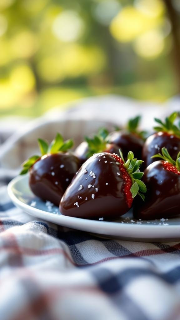 A plate of dark chocolate covered strawberries with a sprinkle of sea salt, set on a picnic blanket.