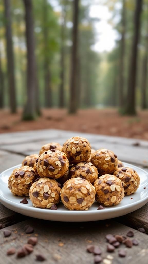 A plate of energy balls made from oats and chocolate chips, set in a forest background.