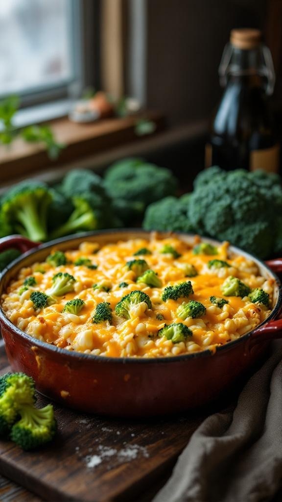 A cheesy broccoli and rice casserole in a red dish, surrounded by fresh broccoli.