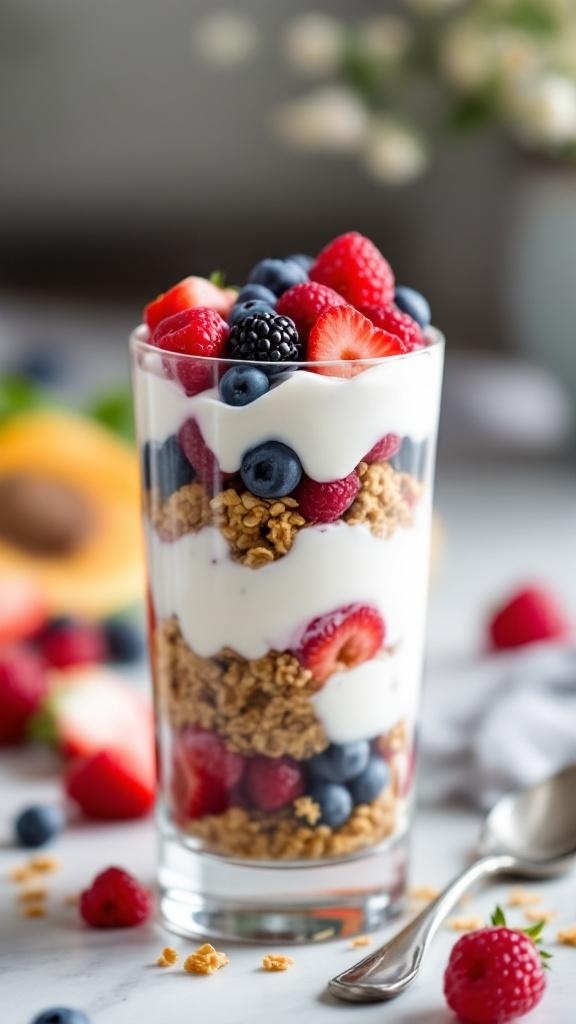 A glass of Greek yogurt parfait layered with granola and fresh berries.