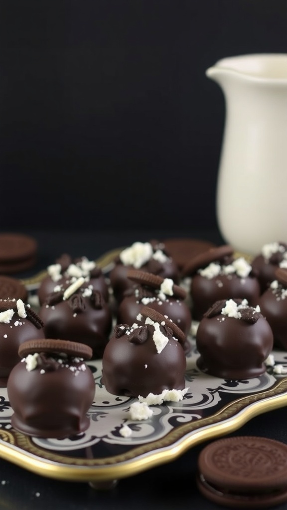 A platter of no-bake Oreo truffles topped with crushed Oreos, with a small pitcher in the background.